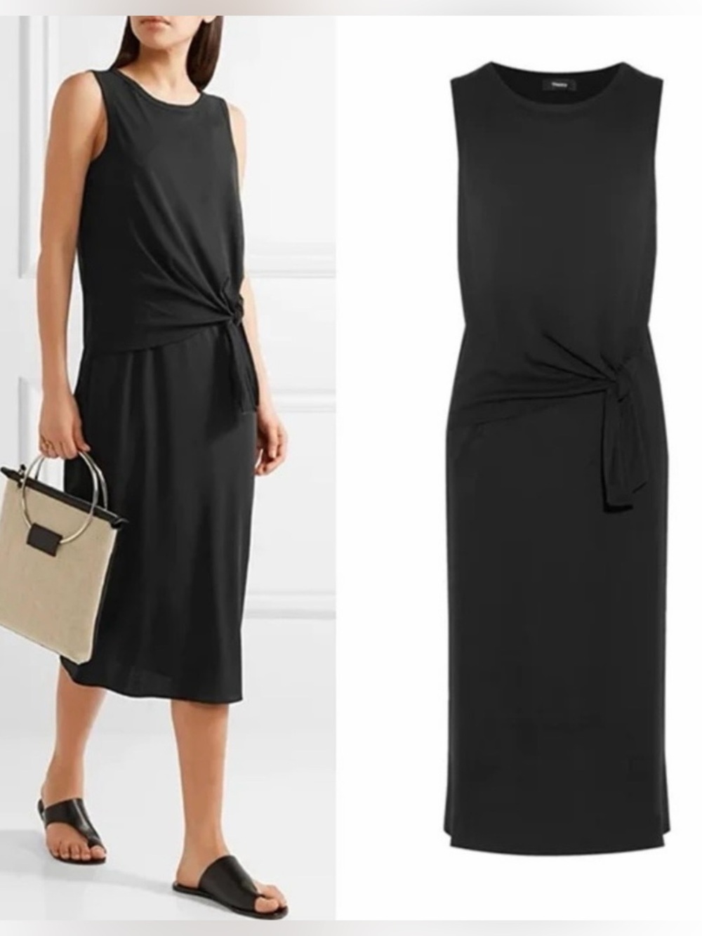 Theory Dorotea K Tie-Waist Cotton Black Midi Dress, size M